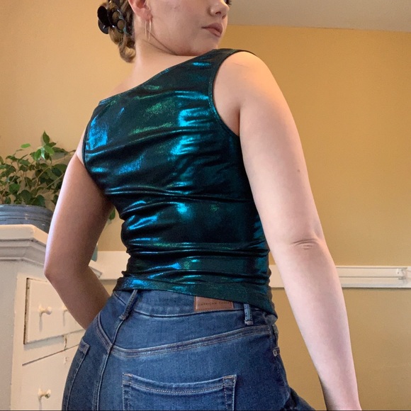 DONATED Vintage 90s/Y2K blue metallic going out tank top - Picture 4 of 5